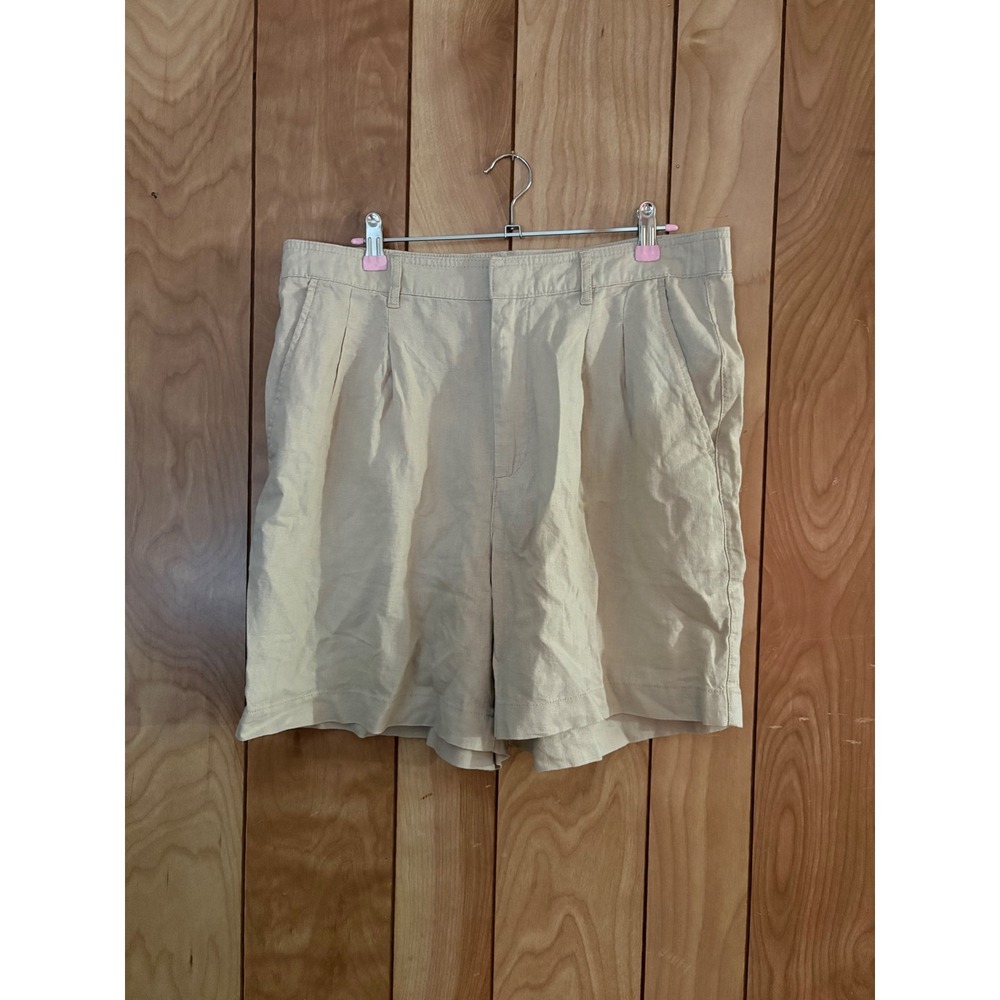 Gap Women's Tan Beige Linen Blend Pleated Shorts High Waist Elastic Back 14 Tall